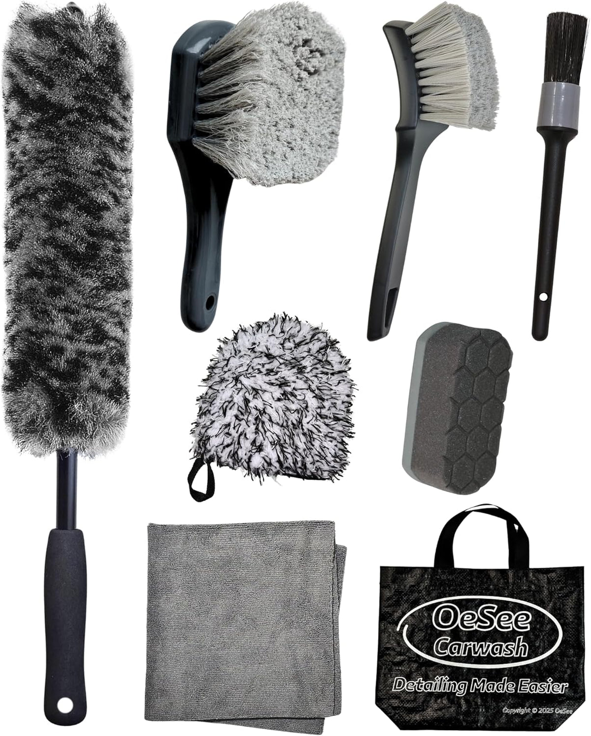 oesee 8PCS Wheel Cleaning Kit with Microfiber Brush & Rubber Grip Tire Brush, Twist Loop Drying Towel, Detailing Brush, Applicator for Car Rim and Tire Care