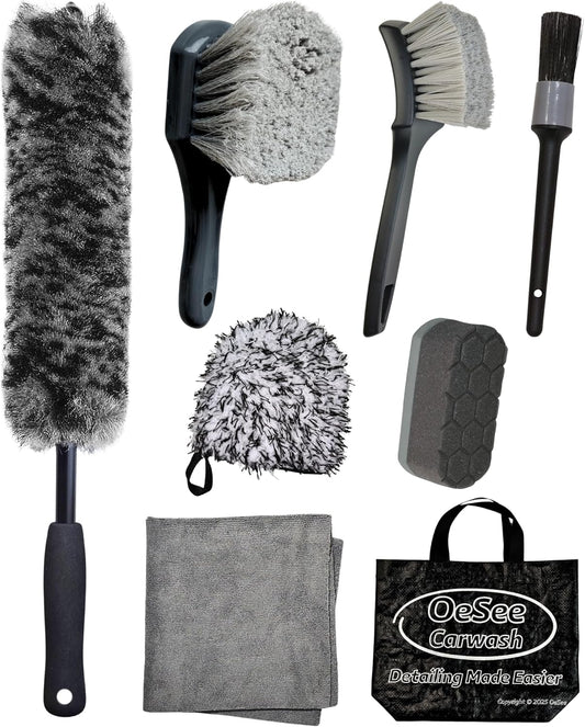 oesee 8PCS Wheel Cleaning Kit with Microfiber Brush & Rubber Grip Tire Brush, Twist Loop Drying Towel, Detailing Brush, Applicator for Car Rim and Tire Care