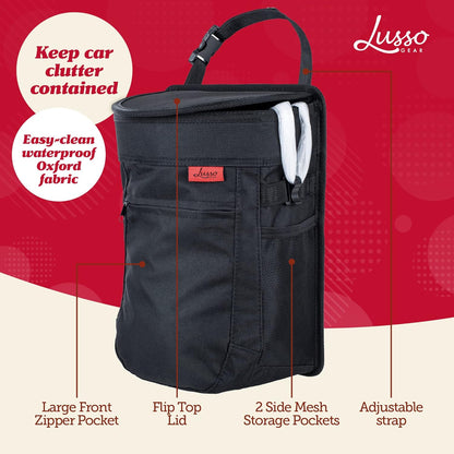 Lusso Gear Spill-Proof Car Trash Can - Easy to Clean Hanging Garbage Bin - Leak-Proof Lid, Removable Liner, Waterproof - Keeps Truck, SUV, Car, Minivan Clean & Odor Free - 2.5 Gallon Tan Car Trash Can
