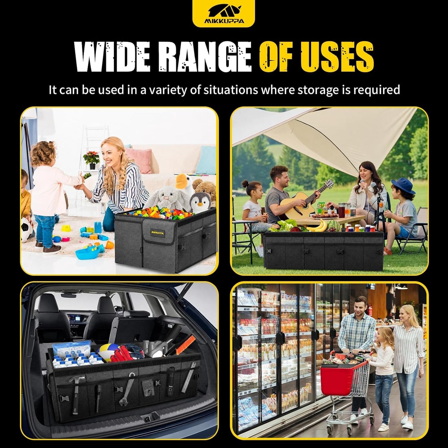 MIKKUPPA Car Trunk Organizer - 65L Collapsible Trunk Organizer with Lid, Sturdy Car Storage for SUV Auto Truck Van with Adjustable Straps and Non Slip Bottom (Black)