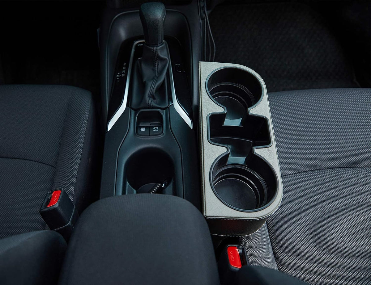 IOKONE Car Cup Holder, Auto Cup Drink Holders，Multifunctional Auto Front Seat Organizer with PU Leather Cover, Gap Filler Storage Box Coin Bucket Console Side Pocket Cell Mobile Phone Holder (Black)