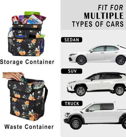 SIBOFUEGO Cute Car Trash Can with Lid – Multipurpose Collapsible Trash Bin for Car, Leak-Proof Organizer, Waterproof Garbage Can with Storage Pockets & Adjustable Straps, 2 Gallons (Black Leopard)