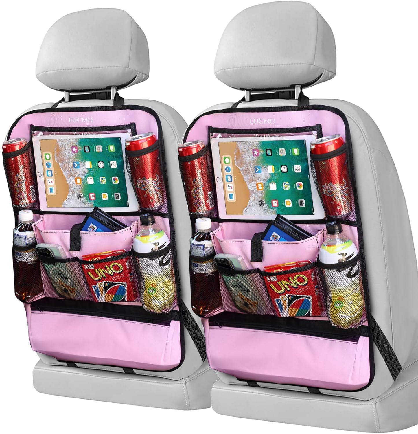 LUCMO Car Backseat Organizer with Tablet Holder,6 Storage Pockets Car Storage Organizer with Foldable Food Tray,Protectors Kick Mats Travel Accessories-Black