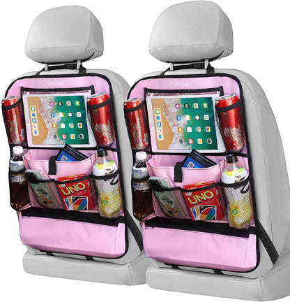 LUCMO Car Backseat Organizer with Tablet Holder,6 Storage Pockets Car Storage Organizer with Foldable Food Tray,Protectors Kick Mats Travel Accessories-Black