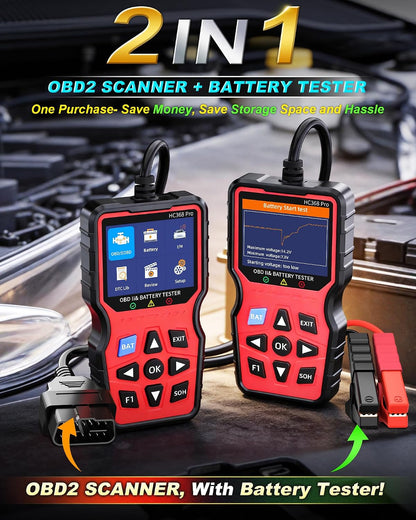 Easy to Use 2-in-1 OBD2 Scanner with Battery Tester: 1S Read & Clear Check Engine Codes + Test Battery in Mins - DIY Car Diagnostic Tool with Cold Cranking Amps for Pre-Trip Safety on 1996+ Vehicles