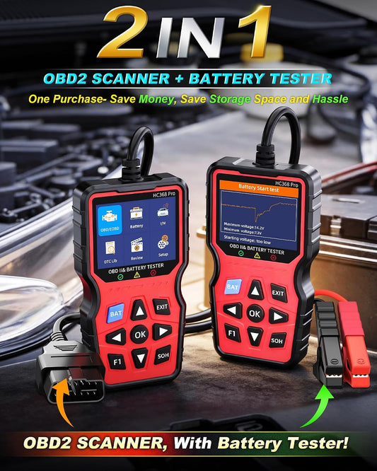 Easy to Use 2-in-1 OBD2 Scanner with Battery Tester: 1S Read & Clear Check Engine Codes + Test Battery in Mins - DIY Car Diagnostic Tool with Cold Cranking Amps for Pre-Trip Safety on 1996+ Vehicles