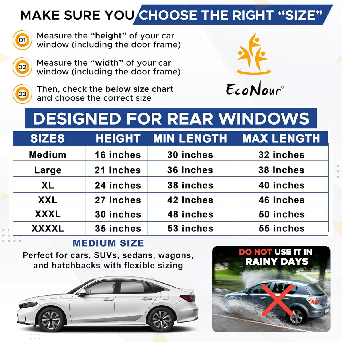 EcoNour Car Window Shades for Side Windows (Pack of 2) | Sun Shade for Car Heat and UV Protection | Adjustable Elastic Fabric Baby Car Shade | Rear Side Window Sun Shade Accessories (Large 21"x36")