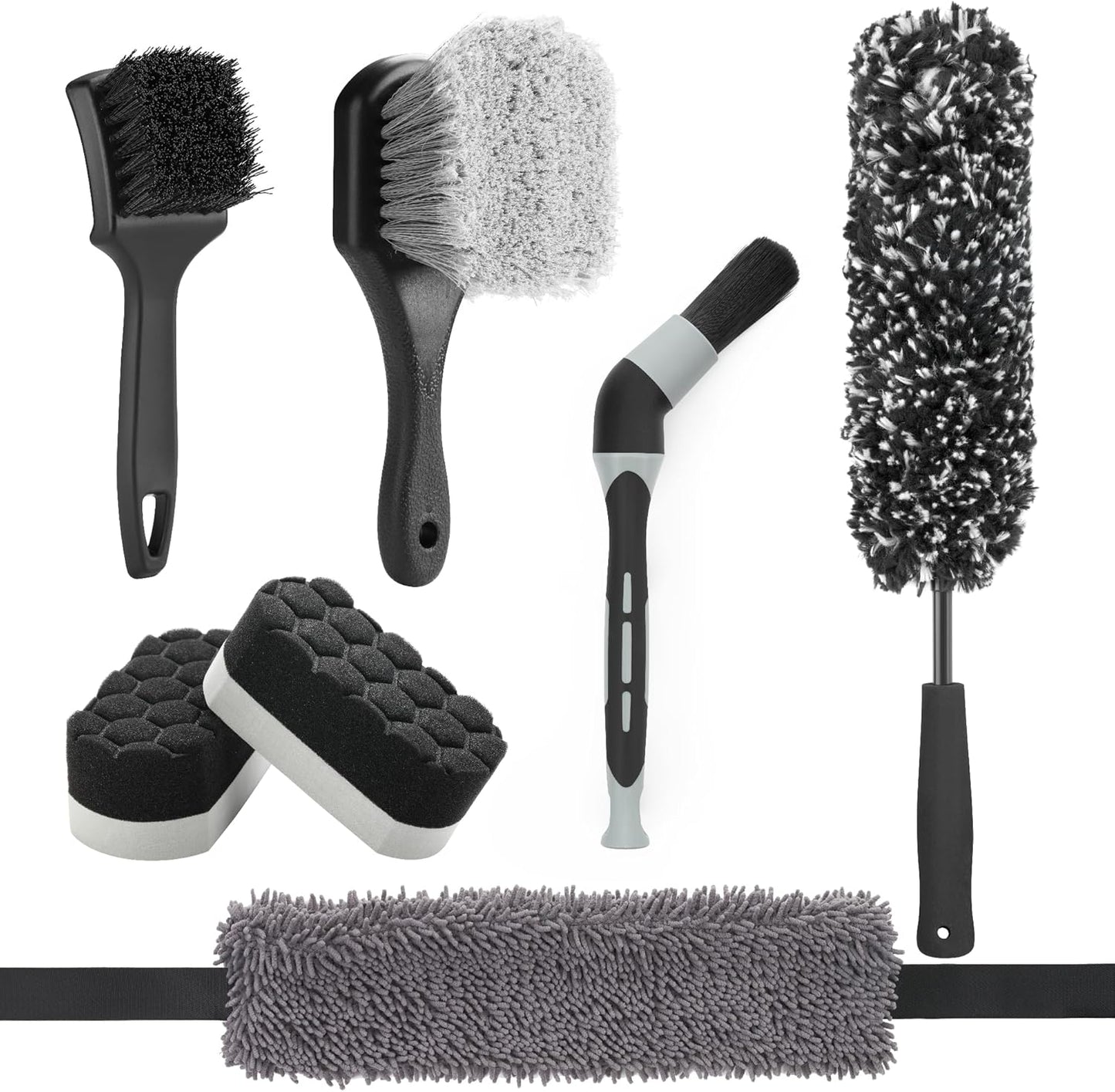 Fantasticlean 7PCS Car Wheel Brush Kit, Tire Brush for Car Owners & Auto Detailers, Soft-bristled Rim Brush, Flat Wheel Brush, Double-Ended Detailing Brush and Pads for Home Shop, Cars Trucks RVs