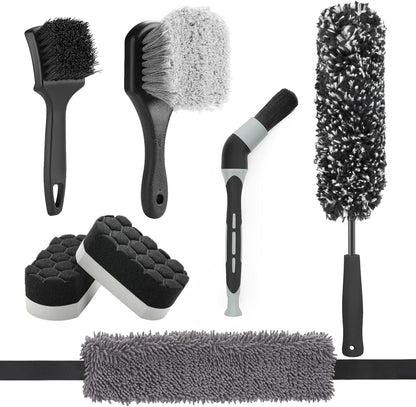 Fantasticlean 7PCS Car Wheel Brush Kit, Tire Brush for Car Owners & Auto Detailers, Soft-bristled Rim Brush, Flat Wheel Brush, Double-Ended Detailing Brush and Pads for Home Shop, Cars Trucks RVs
