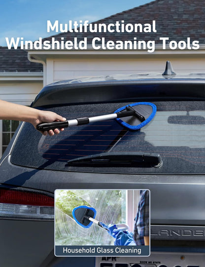 AstroAI 21" Windshield Cleaner Tool, Car Interior Detailing Cleaning Kit with Extendable Handle and 4 Upgraded High-Density Reusable Microfiber Pads, Auto Glass Wiper Brush Kit for Cars, Blue