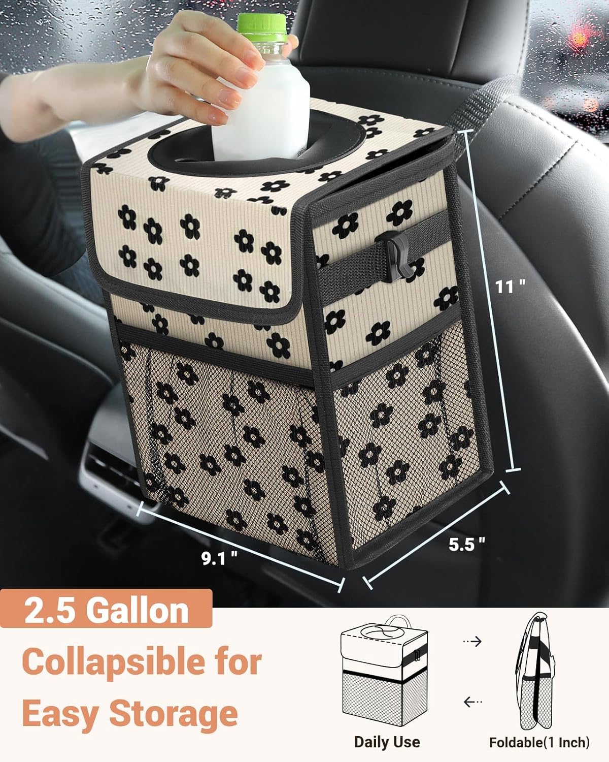 Capolo Car Trash Can with Lid, Leakproof Car Trash Bag Hanging Waterproof Automotive Garbage Can with Storage Pockets Mini Vehicle Trash Bin for Back/Front Seat(Black,2.5 Gallon)