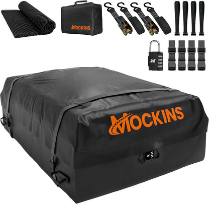 Mockins 25 CuFt Waterproof Rooftop Cargo Bag for Top of Car 60"x43"x17" | All-Weather 840D Vinyl Car Top Carrier without Roof Rack | No Rack Rooftop Cargo Carrier Bag with Mat, Lock, Hooks & Straps