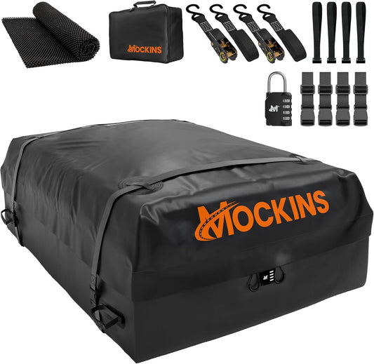 Mockins 25 CuFt Waterproof Rooftop Cargo Bag for Top of Car 60"x43"x17" | All-Weather 840D Vinyl Car Top Carrier without Roof Rack | No Rack Rooftop Cargo Carrier Bag with Mat, Lock, Hooks & Straps
