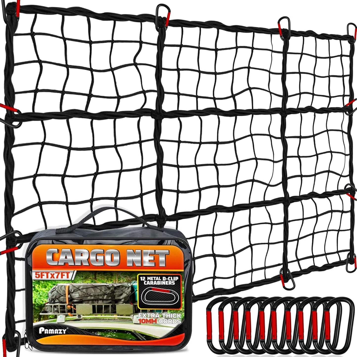 [Premium] 4'x6' Heavy Duty Cargo Net Stretches to 8' x 12', Extra Thick 10mm Cord Bungee Cargo Netting for Pickup Truck Bed, Roof Rack Net & 12 PCS Steel Carabiners