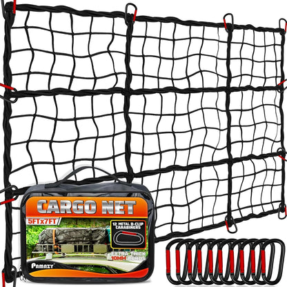[Premium] 4'x6' Heavy Duty Cargo Net Stretches to 8' x 12', Extra Thick 10mm Cord Bungee Cargo Netting for Pickup Truck Bed, Roof Rack Net & 12 PCS Steel Carabiners