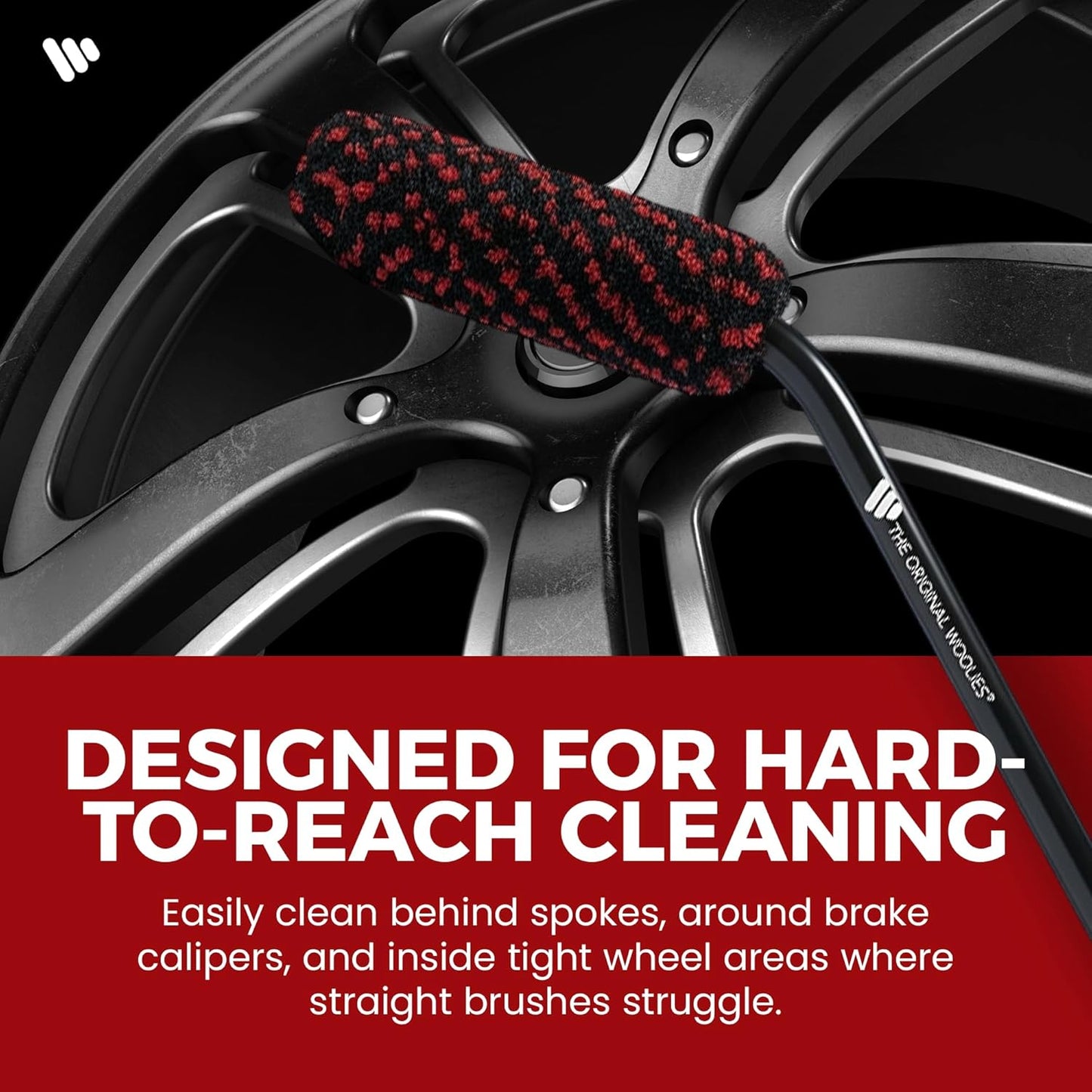 Wheel Woolies Caliper & Spoke Brush - 18" Angled Wheel Cleaning Brush for Rims, Spokes & Brake Calipers | Slim No-Scratch Rim Brush with Anti-Slip Grip Handle | Made in USA