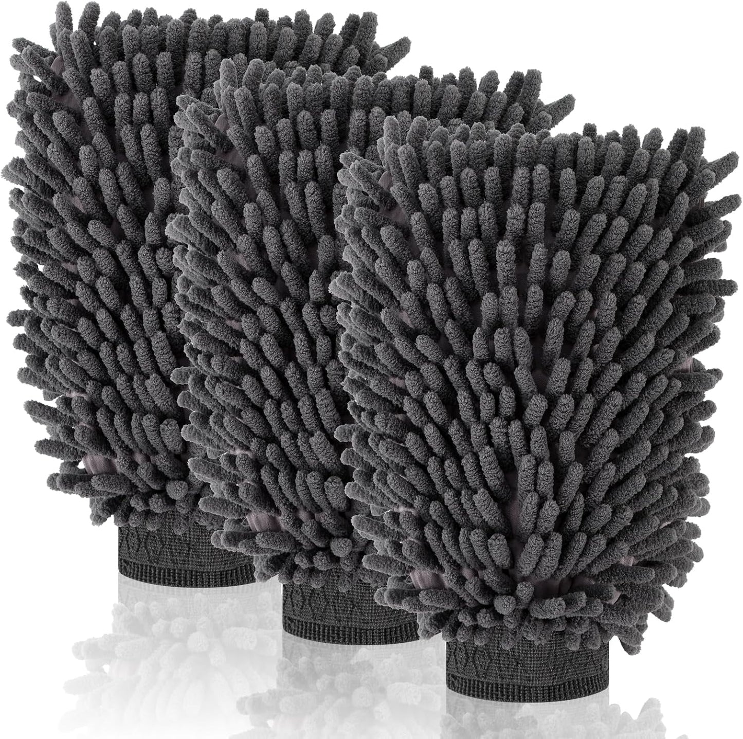 3 Pack Chenille Microfiber Car Wash Mitt, 7" x 9.6" Car Washing Mitts, Home Dusting Gloves, Scratch Free Lint-Free, Highly Absorbent, Double Sided, for Cleaning Detailing Polish (Green)
