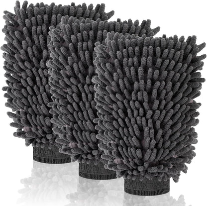 3 Pack Chenille Microfiber Car Wash Mitt, 7" x 9.6" Car Washing Mitts, Home Dusting Gloves, Scratch Free Lint-Free, Highly Absorbent, Double Sided, for Cleaning Detailing Polish (Green)