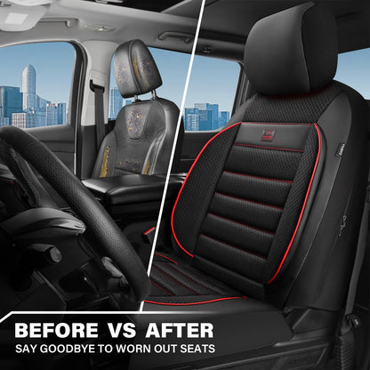 CAR PASS Leather Seat Covers Full Set Universal Water Resistant 3D Foam Back Support, Luxury Comfort Automotive 5 Seat Covers All Season Fit for SUV,Sedan,Van, Airbag Compatible Elegance(Pure Black)