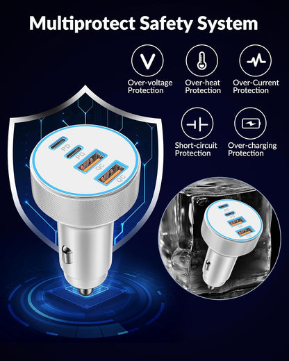 iPhone 17 16 15 Car Charger Fast Charging, 90W 4-Port USB C Fast Car Charger Cigarette Lighter Adapter with 240W 3FT USB-C Cable for iPhone 17/Air/17 Pro/17e/16/15 Pro Max/Plus/16e, iPad, Android