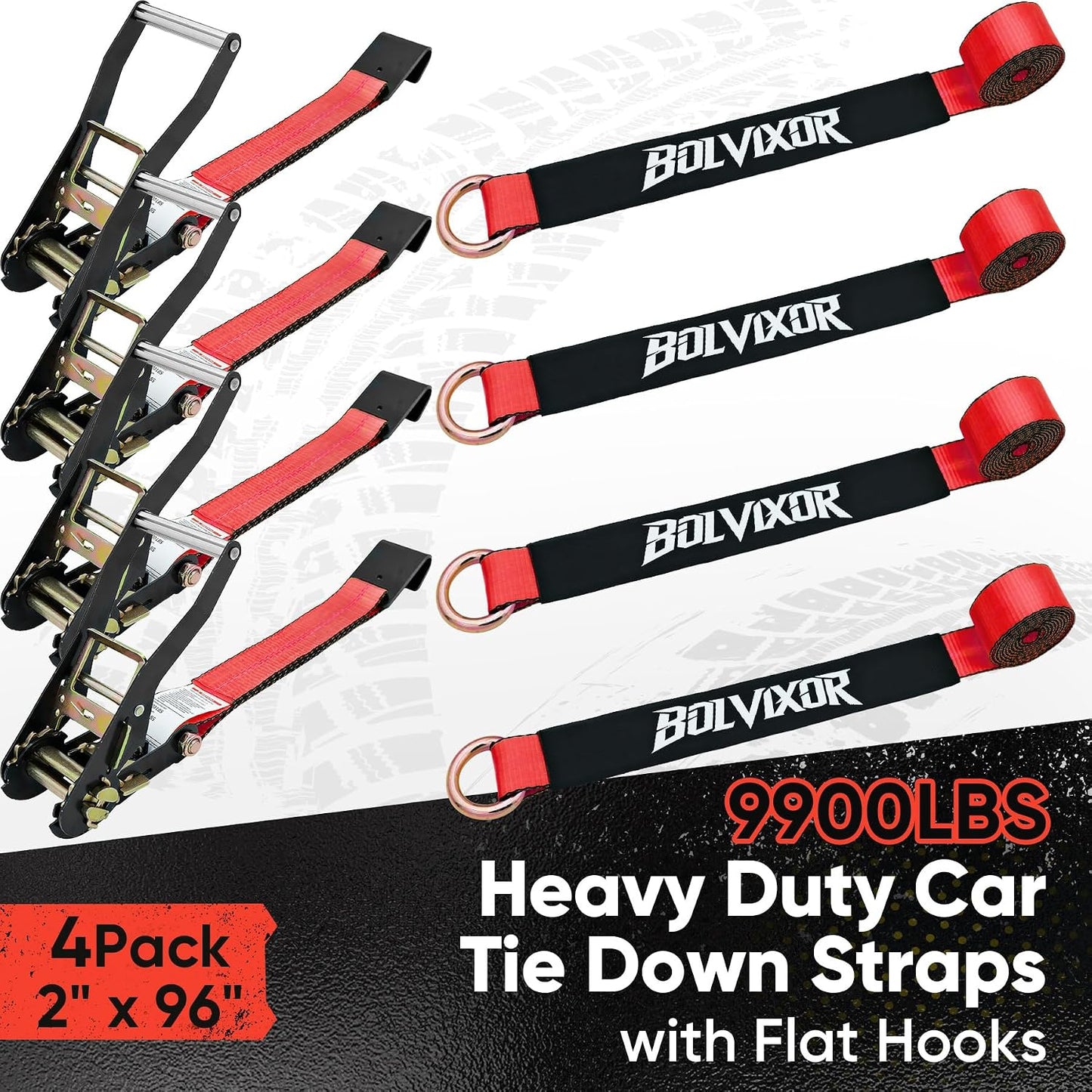 4 Pack Car Tie Down Straps for Trailers - 2" x 96" - 9900LBS Break Strength - Heavy Duty Tire Ratchet Straps with Flat Hooks for Hauling UTV, SUV, Truck, Any Cars