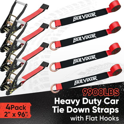 4 Pack Car Tie Down Straps for Trailers - 2" x 96" - 9900LBS Break Strength - Heavy Duty Tire Ratchet Straps with Flat Hooks for Hauling UTV, SUV, Truck, Any Cars