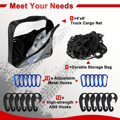 Cargo Net 4' x6' Stretches to 8' x 12' Truck Cargo Net for Pickup Truck Bed- Small 4"x4" Mesh Grid Super Duty Bungee Heavy Duty Bed Netting with 12 Adjustable Metal Carabiners by Cenipar