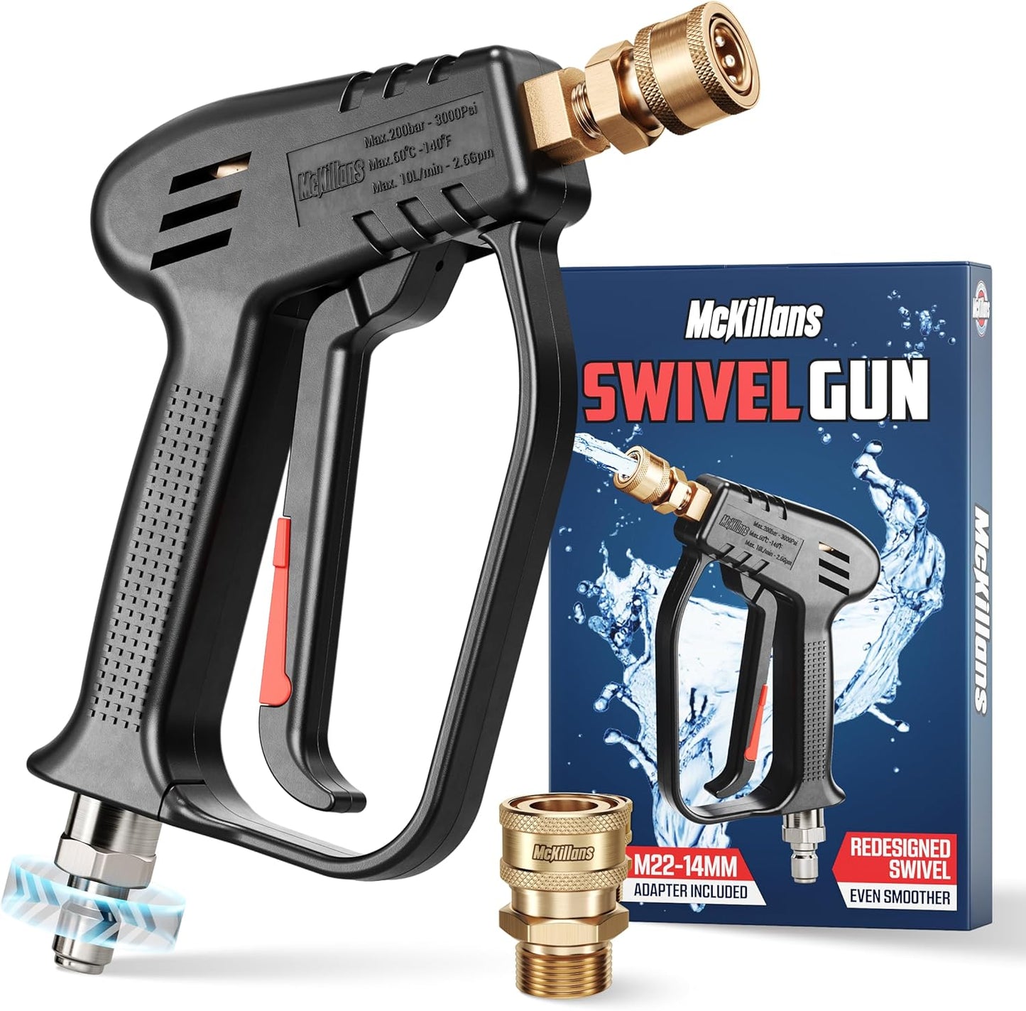 McKillans Pressure Washer Gun with Swivel & Foam Cannon Wide Mouth & M22-14mm Adapter - Adjustable Thick Foam - Power Washer Gun - 3/8" Male Plug & 1/4” Quick Connector Coupler