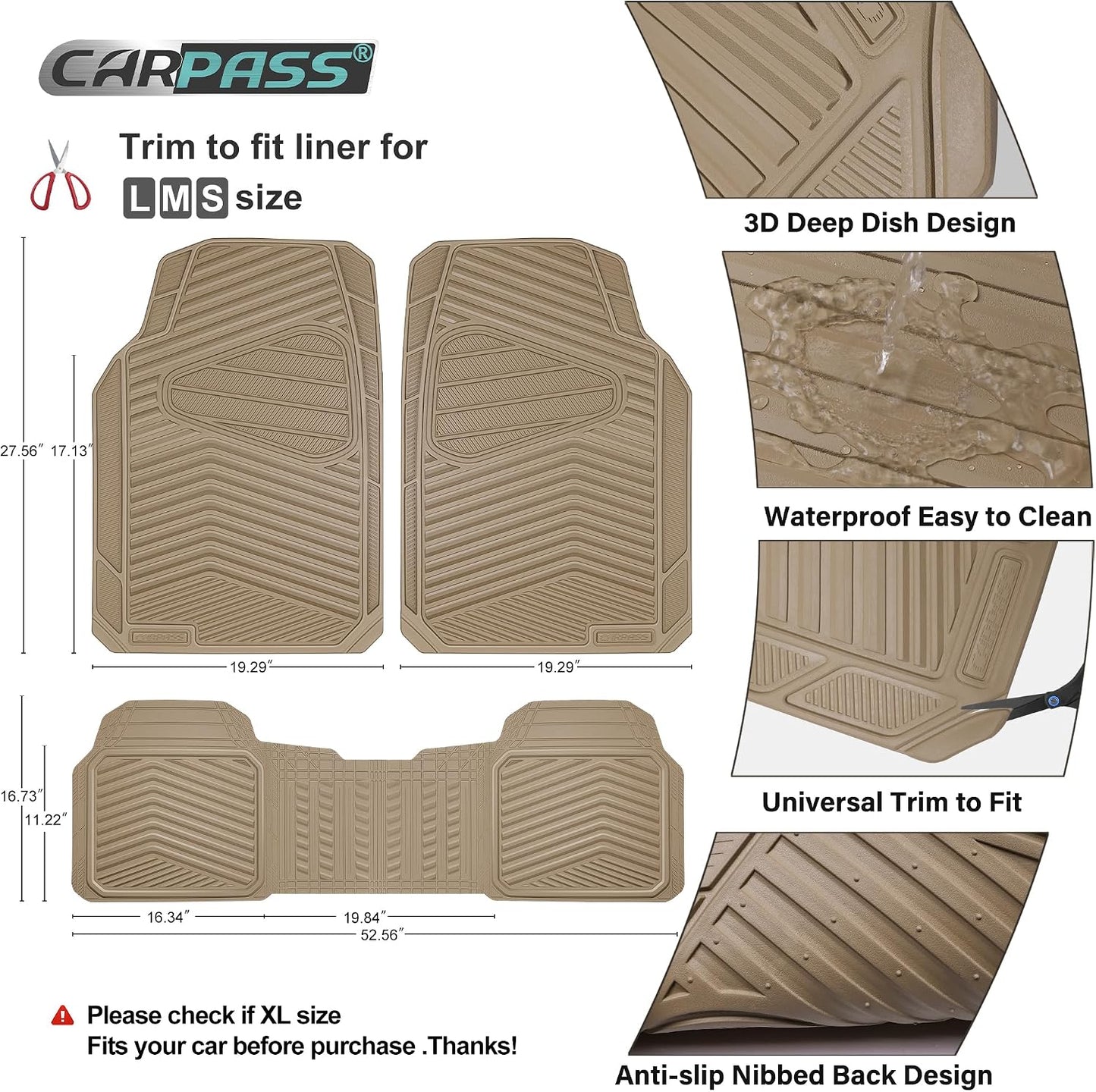 CAR PASS Rubber Car Mats, Waterproof Car Floor Mats All Weather,Car Mat Full Set 3 Piece, Automotive Floor Mat Trim to Fit for Cars Sedans SUVs Trucks, Anti-Slip Easy Clean, All Black