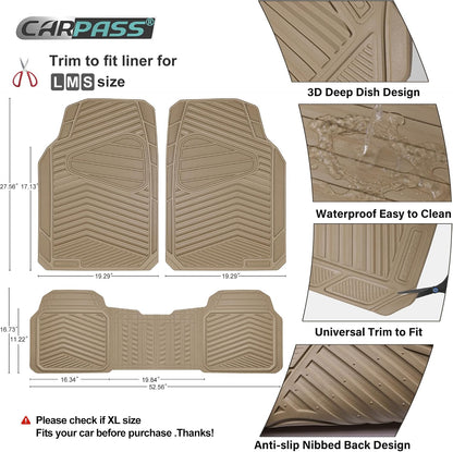 CAR PASS Rubber Car Mats, Waterproof Car Floor Mats All Weather,Car Mat Full Set 3 Piece, Automotive Floor Mat Trim to Fit for Cars Sedans SUVs Trucks, Anti-Slip Easy Clean, All Black