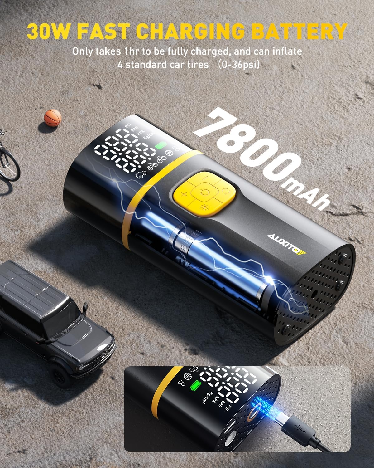 AUXITO Tire Inflator Portable Air Compressor - 150PSI Bike Pump 1Min Fast Inflate with Tire Pressure Gauge, 5200 mAh, LED Light, Car Accessories Air Pump for Auto, Moto, Bike Car Gifts for Men