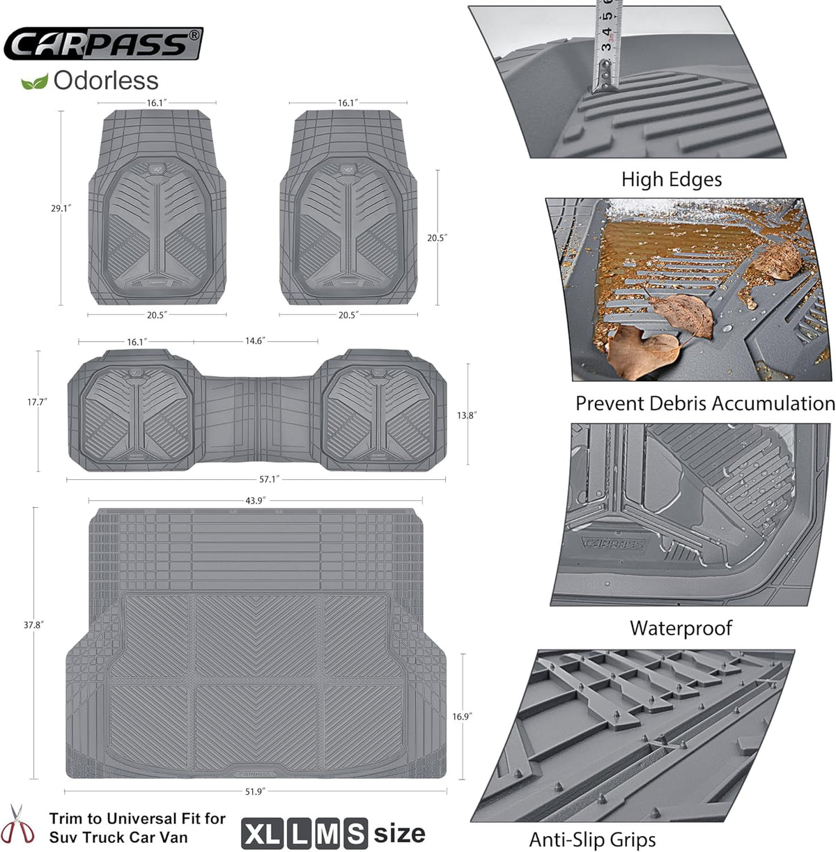 CAR PASS Heavy Duty Rubber Car Mats with Cargo Liner, Deep-Dish Car Floor Mats and Trunk Mat All Weather, Universal Trim-to-Fit for SUVs Trucks Sedans, Waterproof Anti-Slip, Trimmable V12 Black