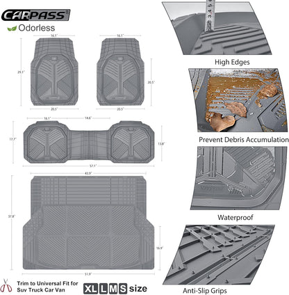 CAR PASS Heavy Duty Rubber Car Mats with Cargo Liner, Deep-Dish Car Floor Mats and Trunk Mat All Weather, Universal Trim-to-Fit for SUVs Trucks Sedans, Waterproof Anti-Slip, Trimmable V12 Black