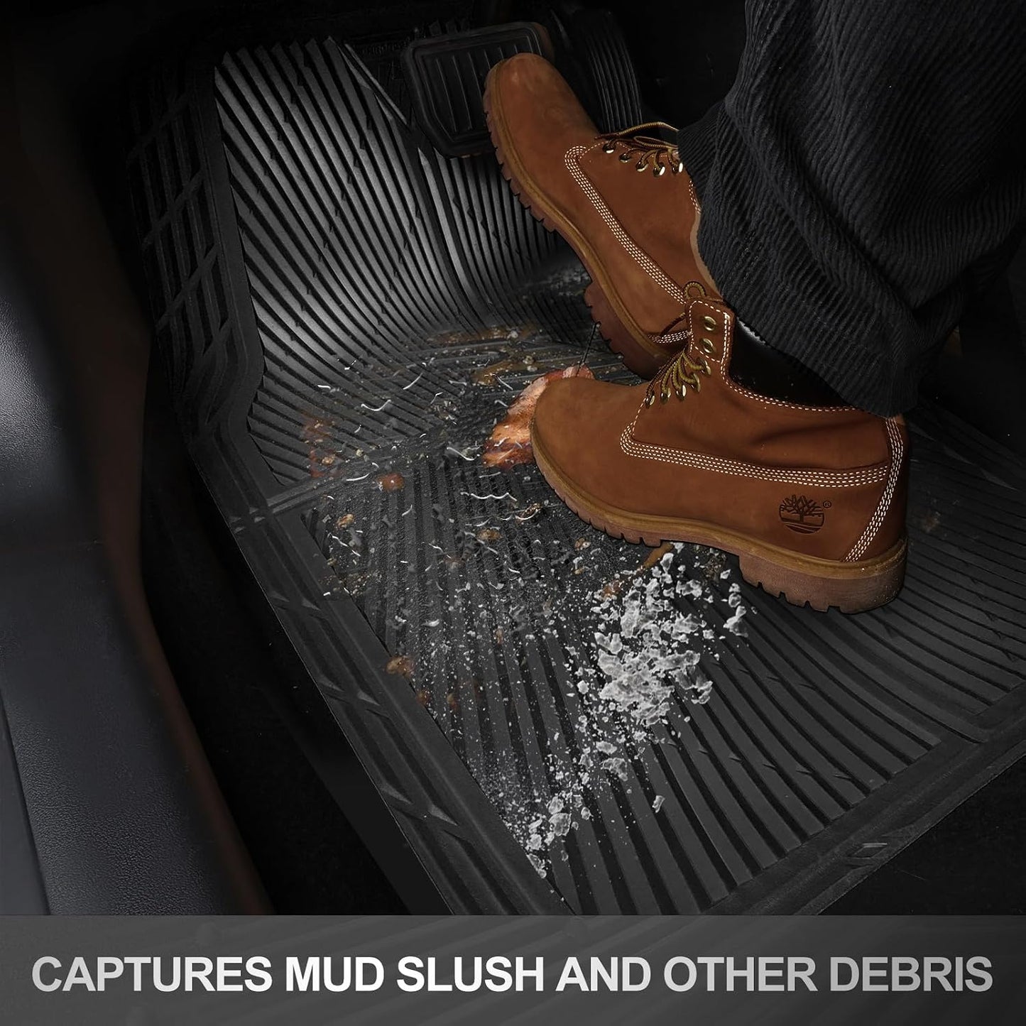 CAR PASS Rubber Floor Mats, All Weather Waterproof Trim-to-Fit Automotive Mats for Cars Trucks SUV, Anti-Slip Easy Clean, Heavy Duty Full Set 3-Piece, All Black