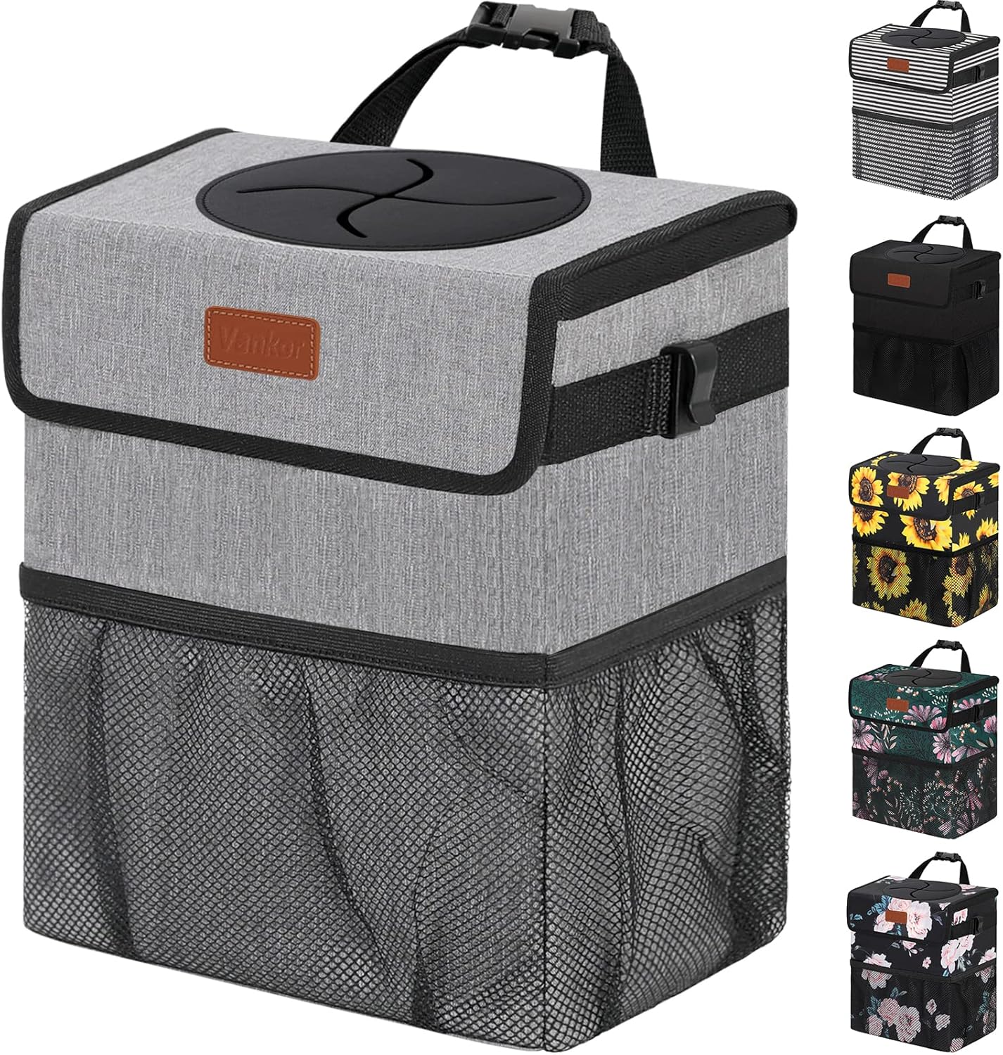 Vankor Car Trash Can Bin with Lid Hanging for Back Seat, Car Accessories for Women Men Leak Proof Automotive Garbage Cans Leakproof Vehicle Trash Can for Truck SUV Black