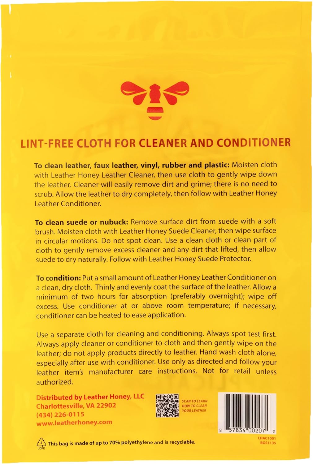Leather Honey Lint-Free Application Cloth: Microfiber Cloth for Use with Leather Conditioner and Cleaner. Made in The USA Since 1968