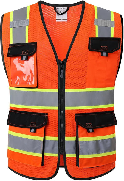JKSafety Hi Vis Reflective Safety Vests for Men Women High Visibility Vest with Pockets Mesh Fabric Construction Safety Apparel Neon Vest for Work (220-Black L)