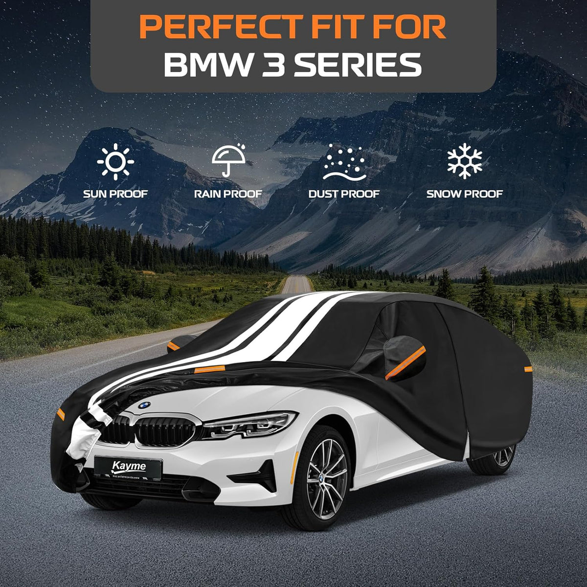 Kayme Heavy Duty Car Cover Custom Fit for BMW 3 Series 320i 325i 328i 330i 335i (1982-2026), Outdoor Full Exterior Cover with Tape and Towel, Rain Snow Sun UV Protection. - Colors A