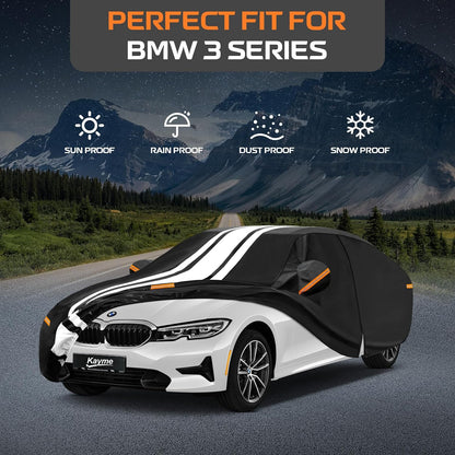 Kayme Heavy Duty Car Cover Custom Fit for BMW 3 Series 320i 325i 328i 330i 335i (1982-2026), Outdoor Full Exterior Cover with Tape and Towel, Rain Snow Sun UV Protection. - Colors A