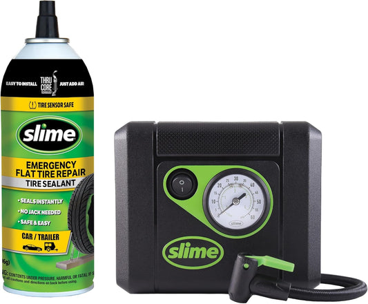 Slime 50107 Flat Tire Puncture Repair, Smart Spair, Emergency Kit For Car Tires, Includes Sealant And Tire Inflator Pump, Suitable For Cars And Other Highway Vehicles, 15 Min Fix
