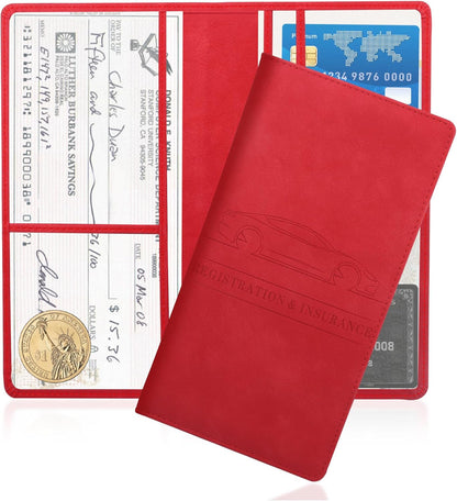 Car Registration and Insurance Holder,PU Leather Car Glove Box Organizer Car Document Holder for ID,Driver's License,Universal Car Organizer Car Accessories for Women/Men (Red)