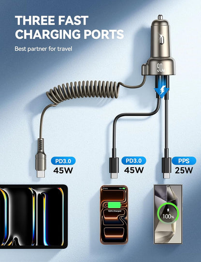 USB C 90W Car Charger for iPhone 17/16 Pro Max, PD & QC3.0 w/5 ft 45W Type Coiled Cable, Fast Car Phone Charger Adapter for iPhone 17Air/15 Pro, Samsung Galaxy S26/S25/S24, Pixel 10/LG/Android, iPad