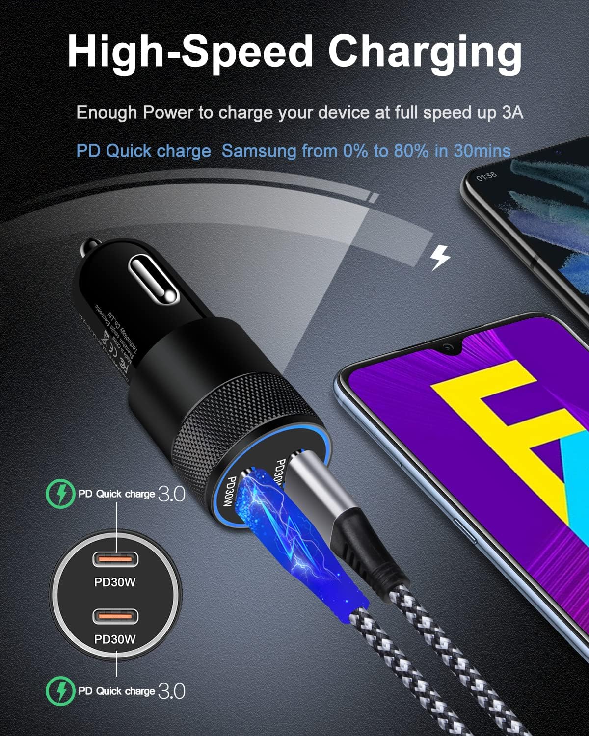 60W USB C Car Charger, 2Pack USB C Cigarette Lighter Adapter Fast Charging | Dual Port PD3.0 Type C Car Charger Plug Compatible with iPhone 17 16 15 14 Pro Max Samsung Galaxy S26/S25/S24 Pixel 10 9Pro
