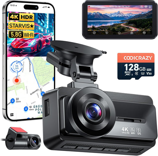 Coolcrazy 4K Dash Cam Front and Rear, STARVIS Sensor, Free 128GB Card Included, 5GHz WiFi-up to 20MB/s, Dual Dash Camera for Cars, Built-in GPS, G-Sensor, WDR/HDR Super Night Vision, 24H Parking Mode