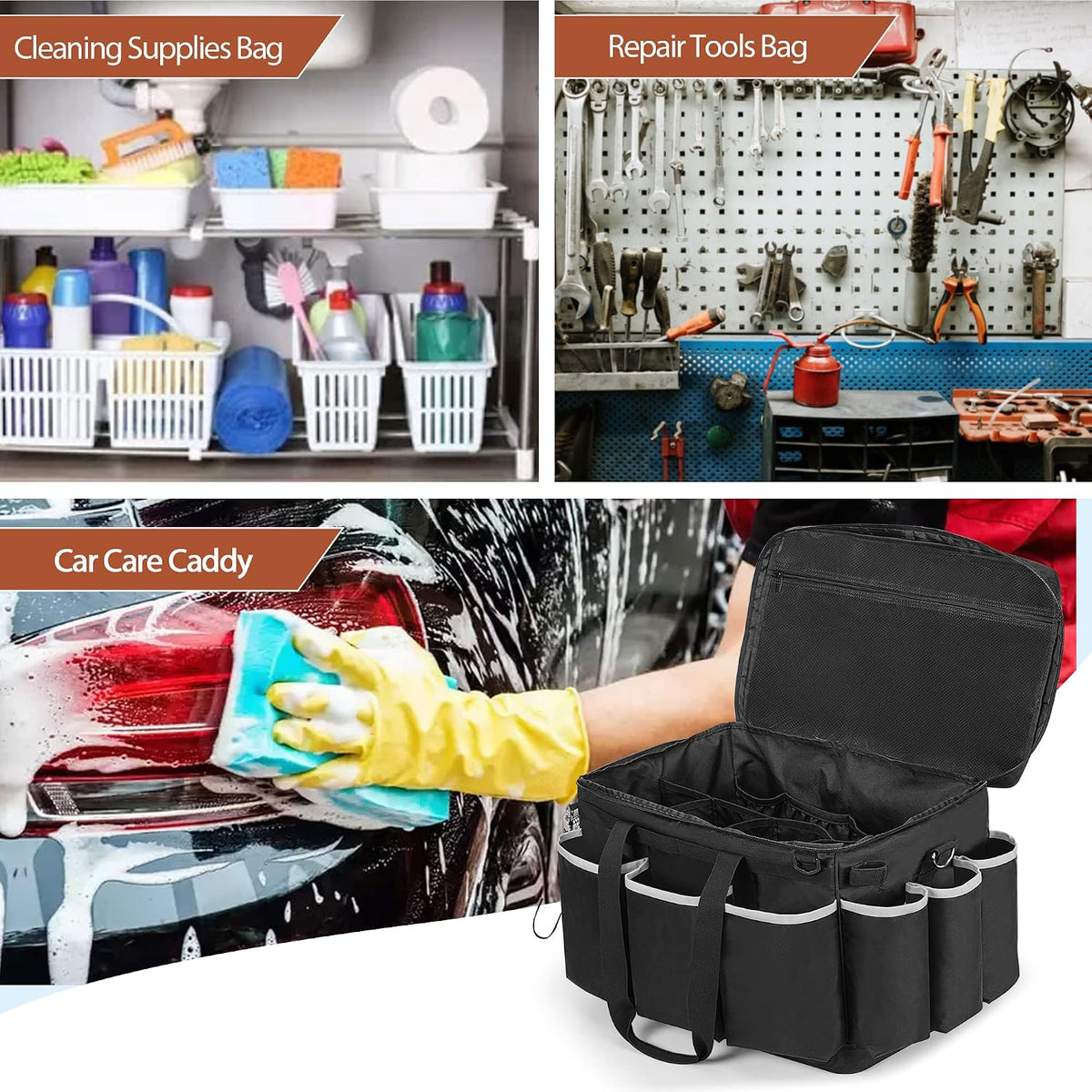 HODRANT Extra-Large Detailing Bag with Waterproof EVA Hard Bottom, Auto Detail Supplies Organizer for Polisher, Bottles & Detailing Kit, Car Care Tools Tote with Lid & Shoulder Strap, Patent Design
