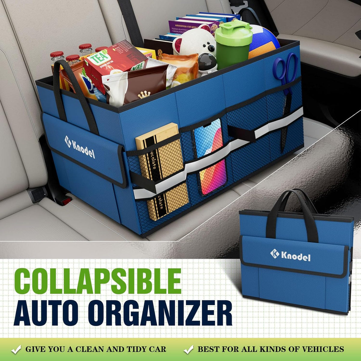 K KNODEL Car Trunk Organizer with Lid, Collapsible Car Trunk Storage Organizer, Car Organizer and Storage for SUV, Truck, Sedan (Medium, Black)