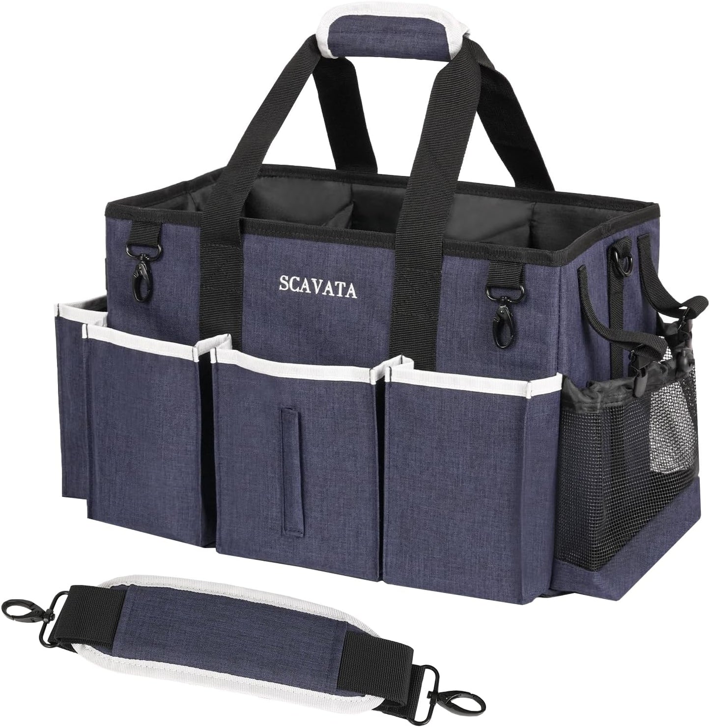 SCAVATA Wearable Cleaning Caddy Bag, Supplies Organizer with Handle & Shoulder Straps for Housekeepers, Under Sink & Car Cleaning Tool Organizer with 4 Foldable Dividers (Black)