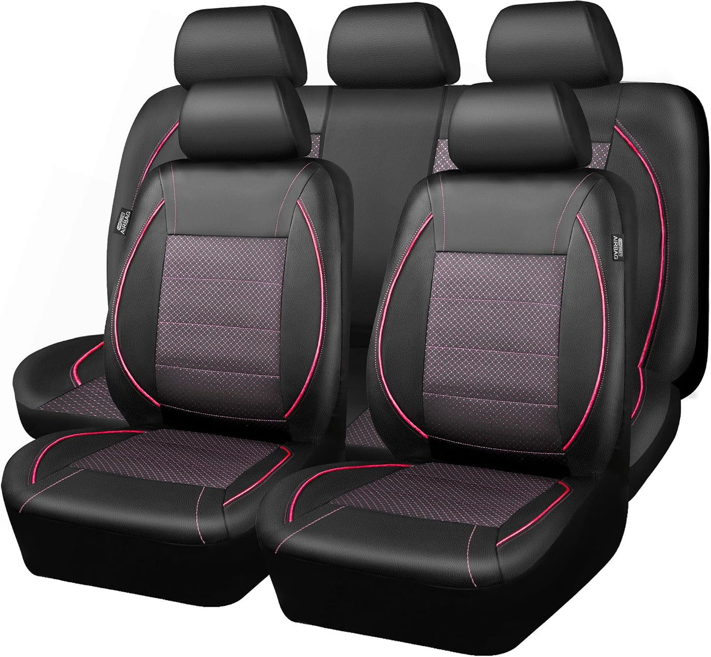 CAR PASS Universal FIT Piping Leather Two Front Seat Covers, Waterproof Faux Leather for SUV Sedan Van Truck, Airbag Compatible,Reserved Opening Holes for Headrest Covers. (Black red)