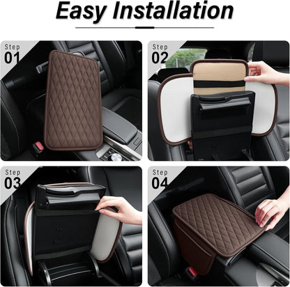 Amiss Car Center Console Cover, Upgraded Leather Car Armrest Cushion with 2 Storage Pockets, Universal Waterproof Cushion Pad, Non-Slip Car Interior Accessories, Fits Most Sedans SUVs Trucks (Black)