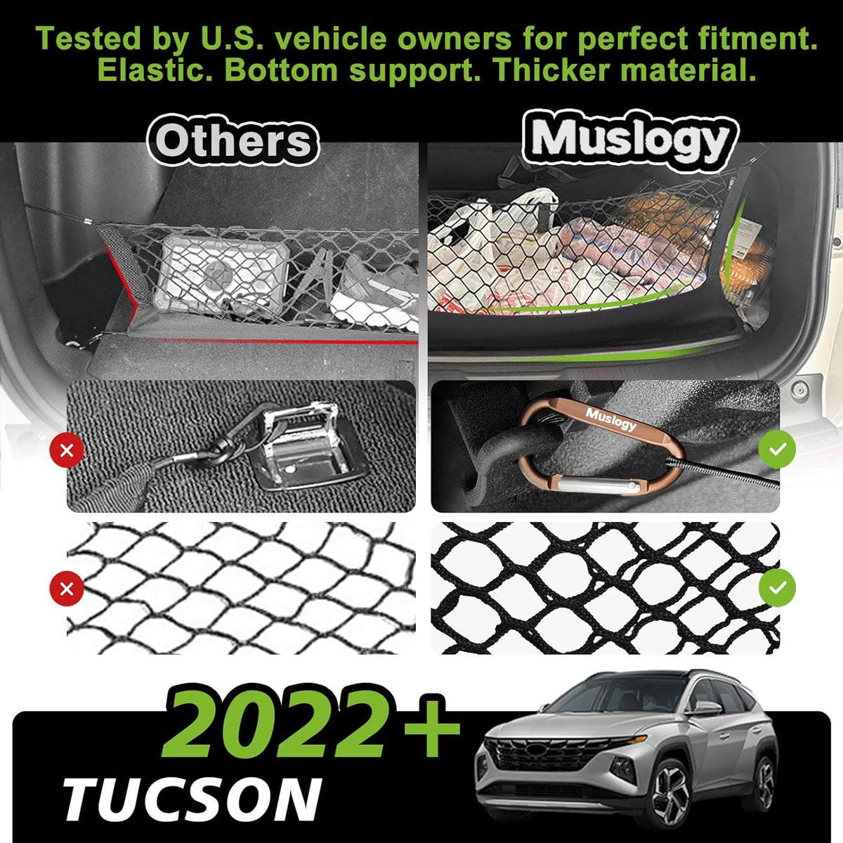 Muslogy Truck Bed Cargo Net Trunk Netting Compatible with 2023-2025 2026 Honda CR-V Accessories, Pickup Cargo Organizer SUV Sedan Storage Net w/Heavy Duty Carabiners - Colors B